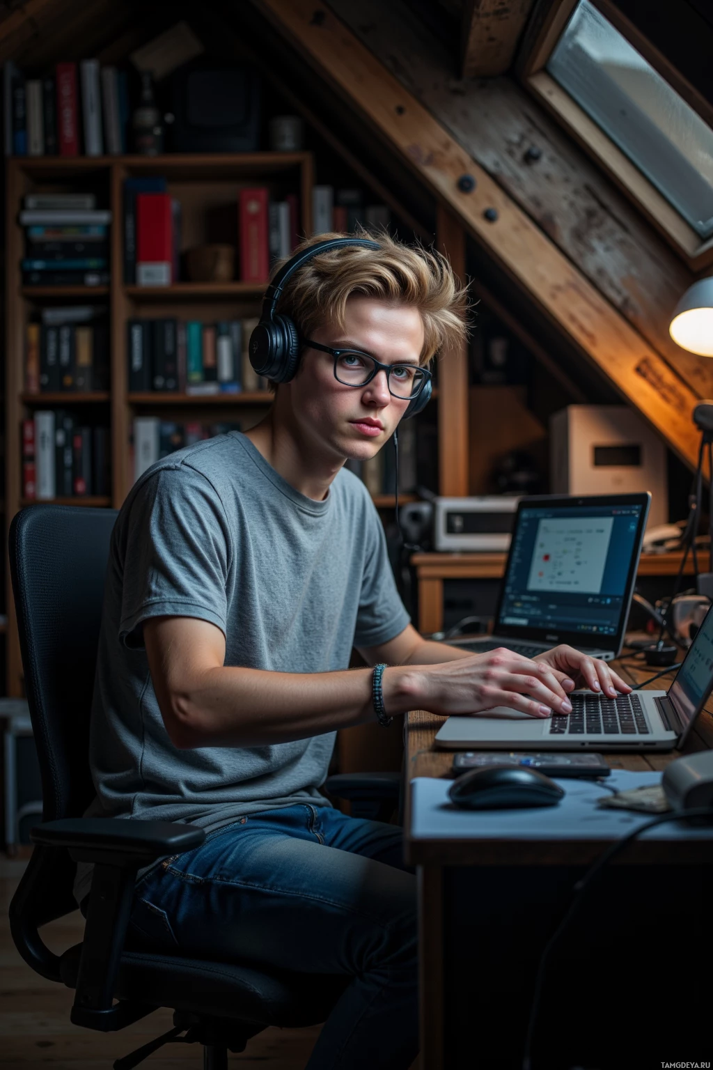 A person wearing headphones works on a laptop in a cozy, book-lined room.