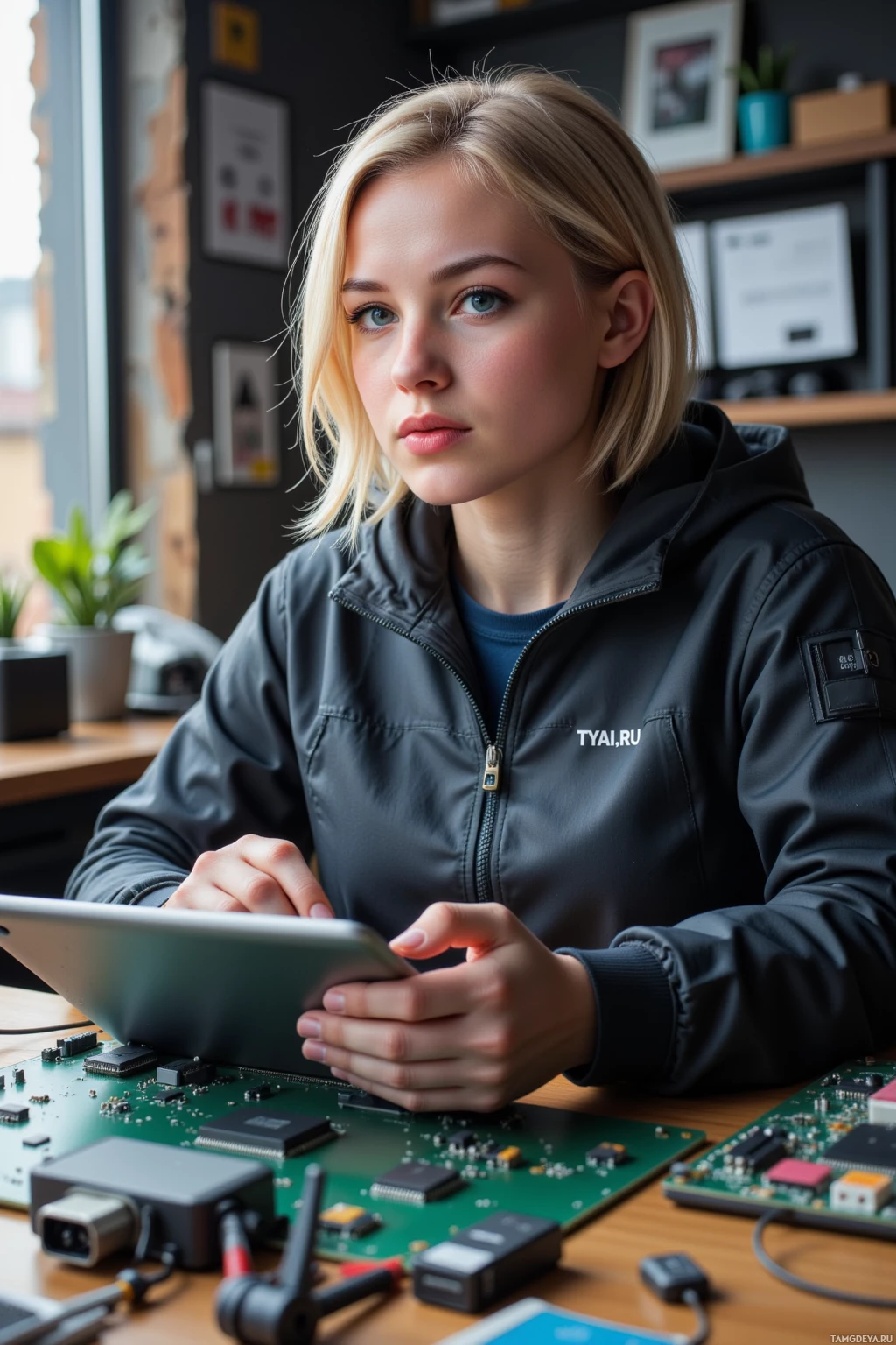 A person wearing a jacket with "TYAI.RU" on it is sitting at a desk with electronic components and a tablet.