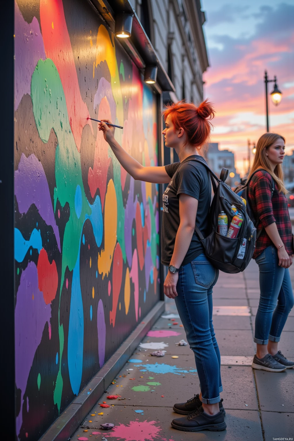 A person is painting colorful graffiti on a wall while another individual watches nearby during sunset.
