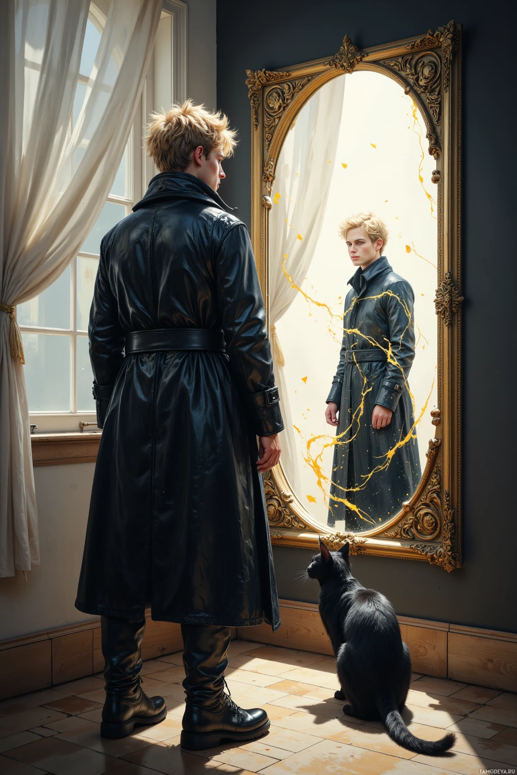 Realistic high quality photo. Tall male with short messy blonde hair and piercing blue eyes, wearing a reflective black coat that shimmers with shifting light patterns, standing at noon inside a still room before an irregular mirror that constantly changes angles, while a cat watches flickering light on the windowsill as he sketches precise yet unfinished lines in bright natural daylight.