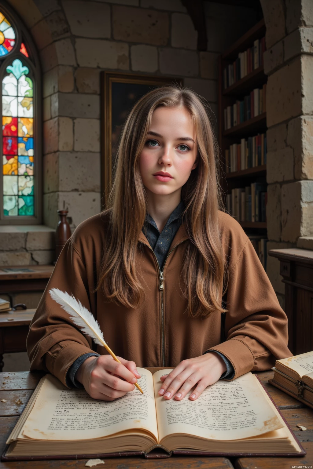 A young person sits at a table with an open book, holding a quill pen.