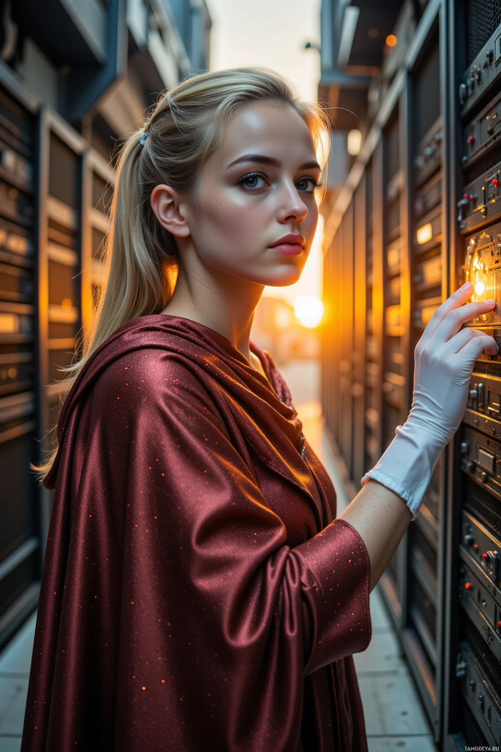 A person in a maroon robe stands in a server room, reaching towards a server panel.