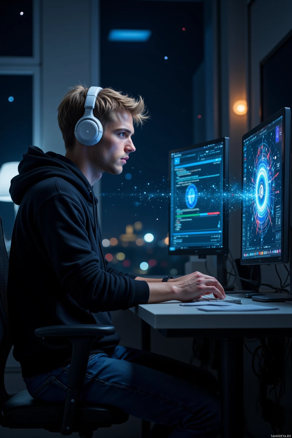 Realistic high quality photo. Male software engineer with short dark blonde hair, bright blue eyes, wearing a black hoodie, white headphones, comfortable jeans, focused as he types code into a flickering holographic screen pulsing like a binary heartbeat in a dimly lit workstation, with subtle quantum shimmer around the display and stars visible through the window.