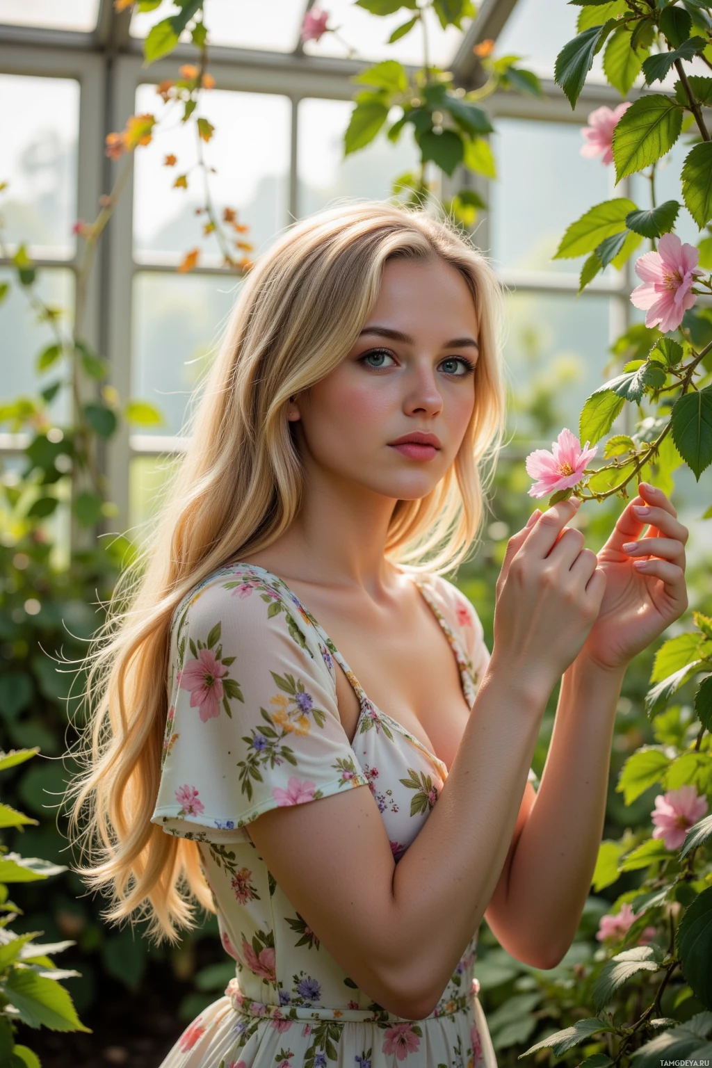 A person with long blonde hair wearing a floral dress is holding and looking at a pink flower in a greenhouse setting.