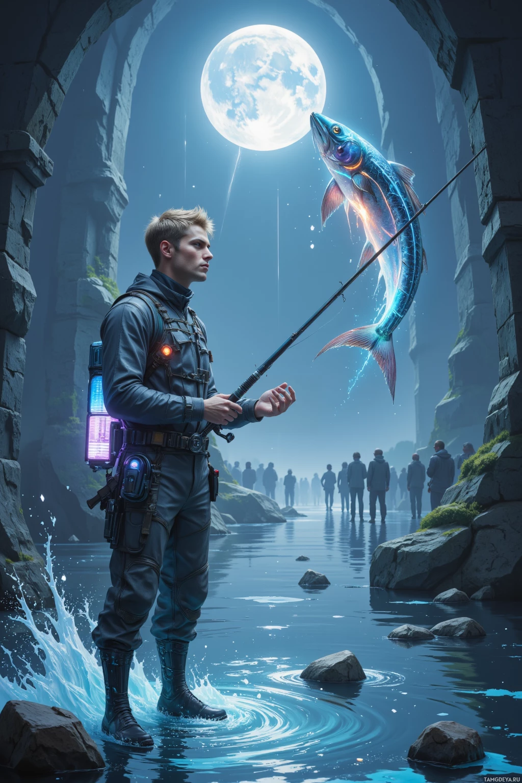 A futuristic fisherman stands in a moonlit, ancient ruin, casting a glowing fishing rod towards a large, glowing fish.