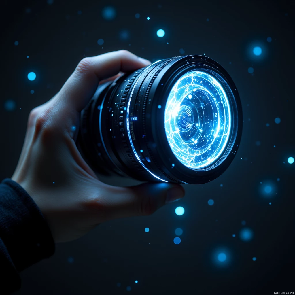 A hand holds a camera lens with glowing blue light effects against a dark background.