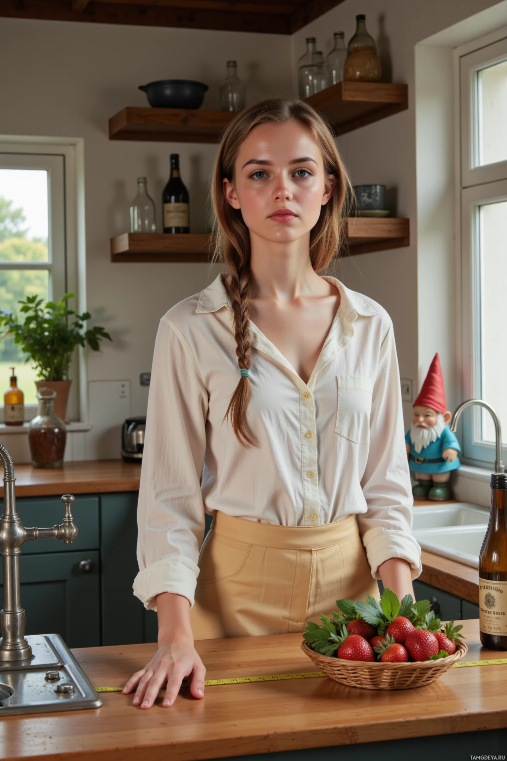 A person stands in a kitchen with a bowl of strawberries on the counter and various bottles and shelves in the background.