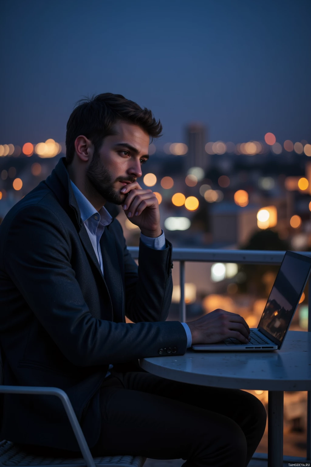A man in formal attire sits at an outdoor table with a laptop, gazing thoughtfully into the distance against a cityscape backdrop.