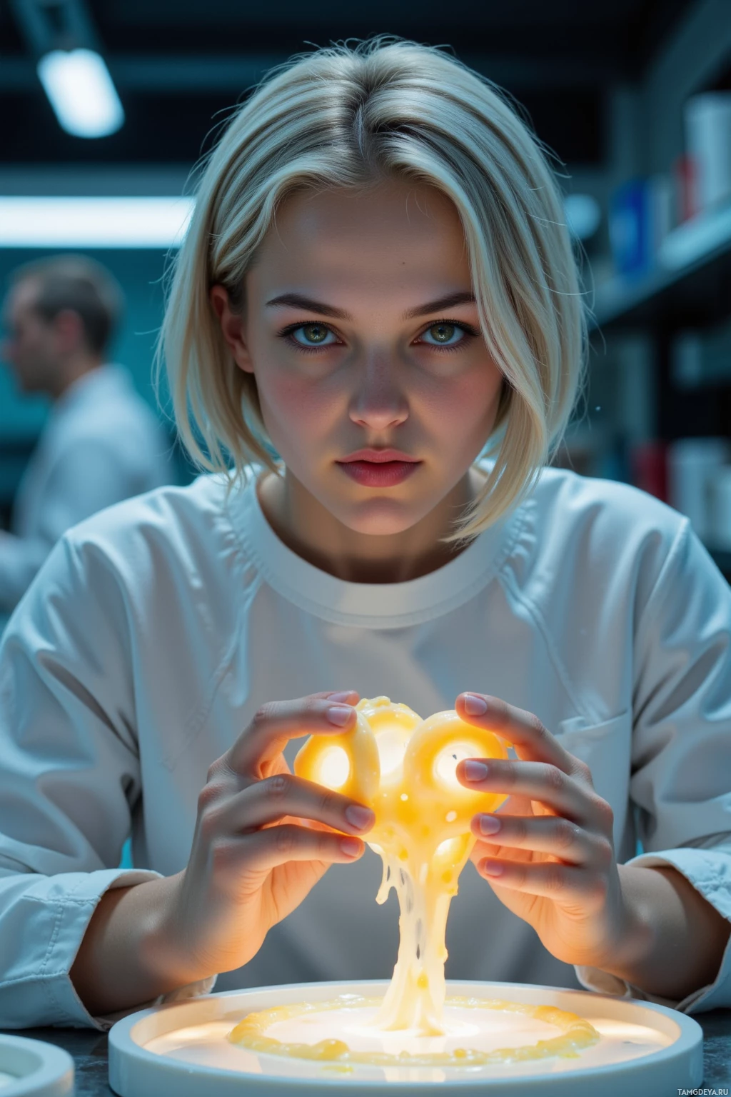 A person in a white lab coat holds a glowing, melted substance over a plate.