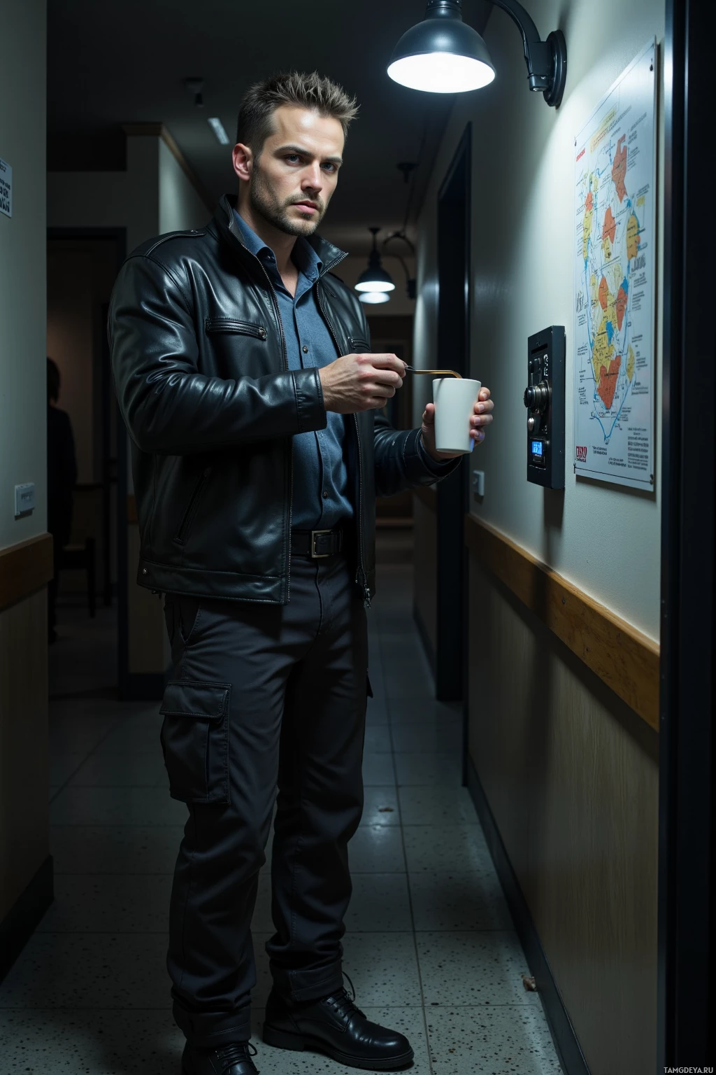 A man in a leather jacket and cargo pants stands in a hallway holding a cup and spoon.