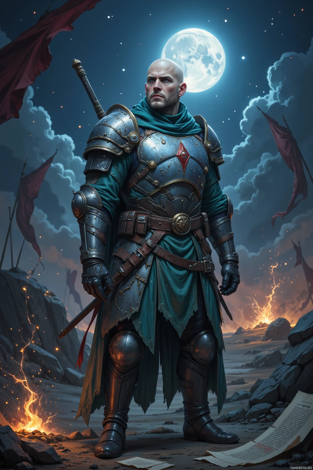 A knight in armor stands under a full moon, surrounded by flags and a fiery landscape.