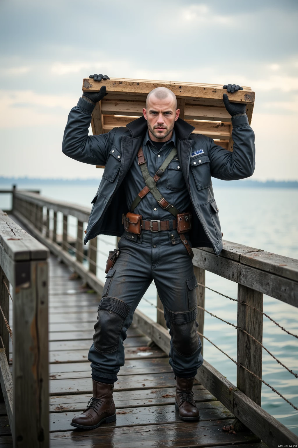 A person in a rugged outfit stands on a dock, holding a wooden crate over their head.