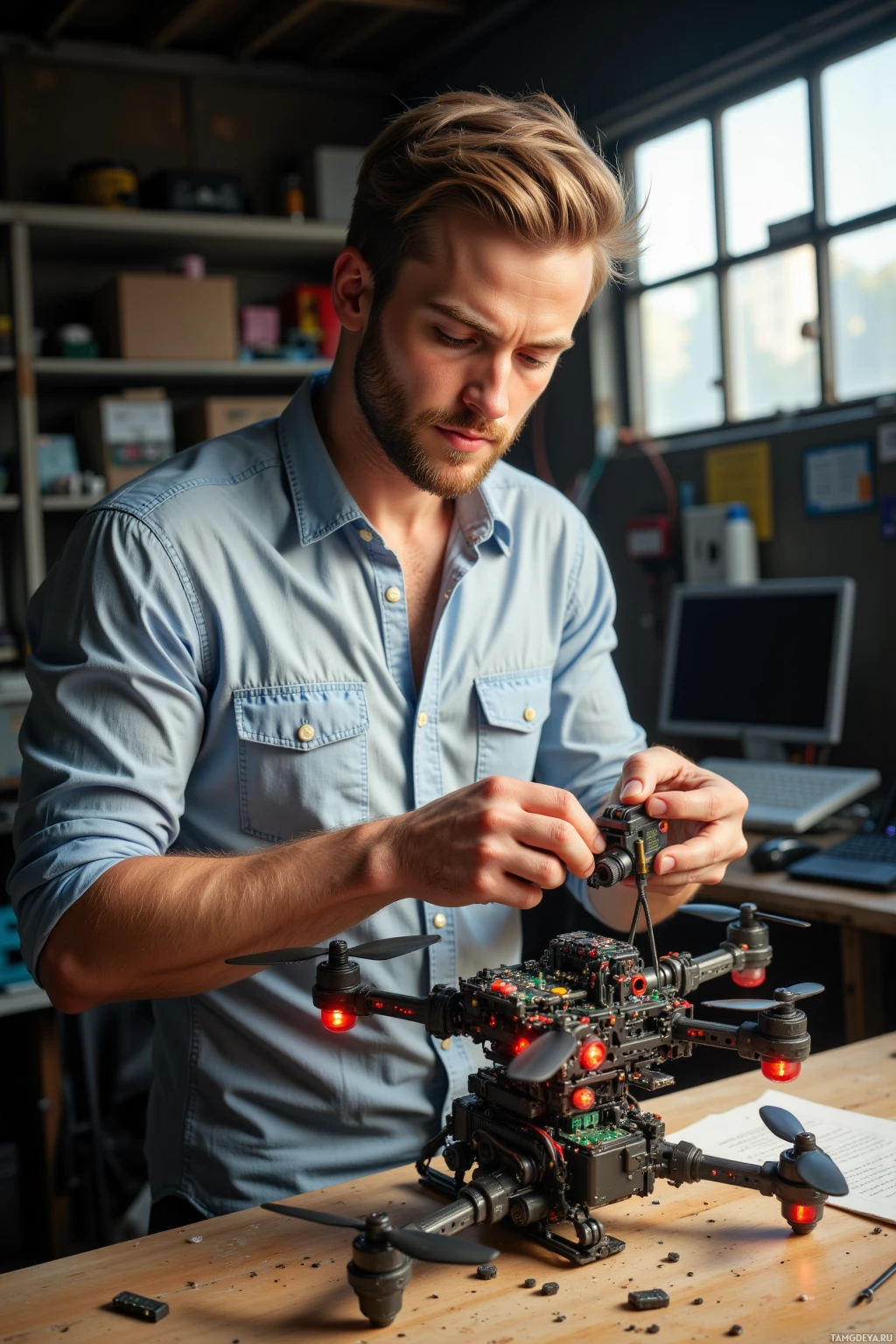 A person is assembling or repairing a drone in a workshop setting.