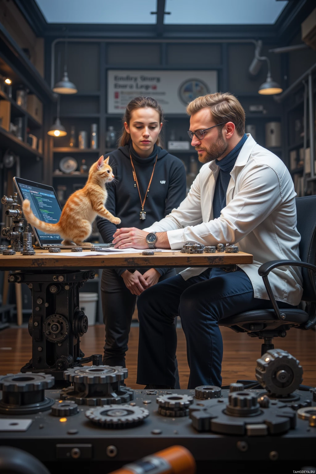 Two individuals in a workshop setting with gears and a laptop, accompanied by an orange kitten.