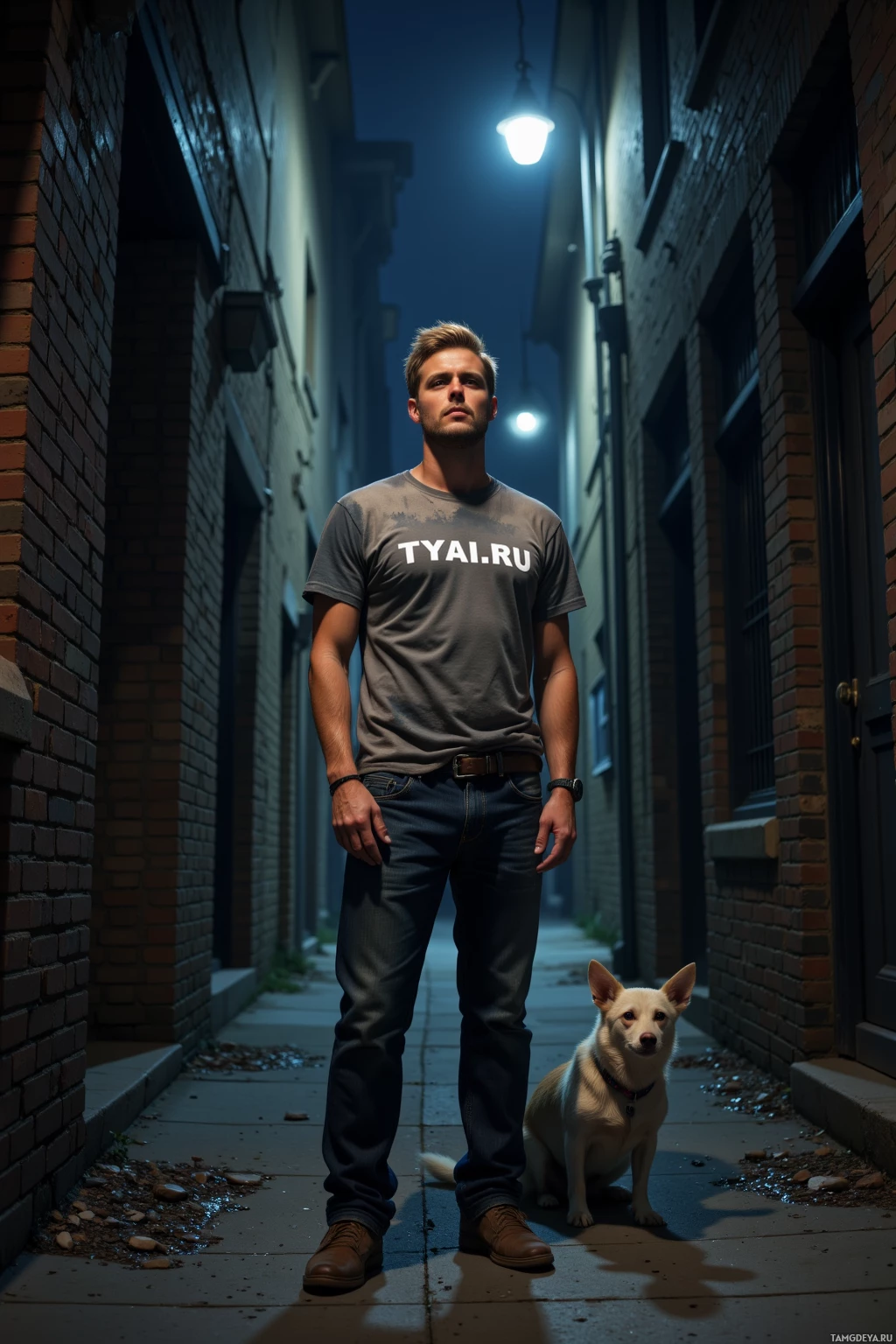 A man stands in an alleyway at night with his dog sitting beside him.