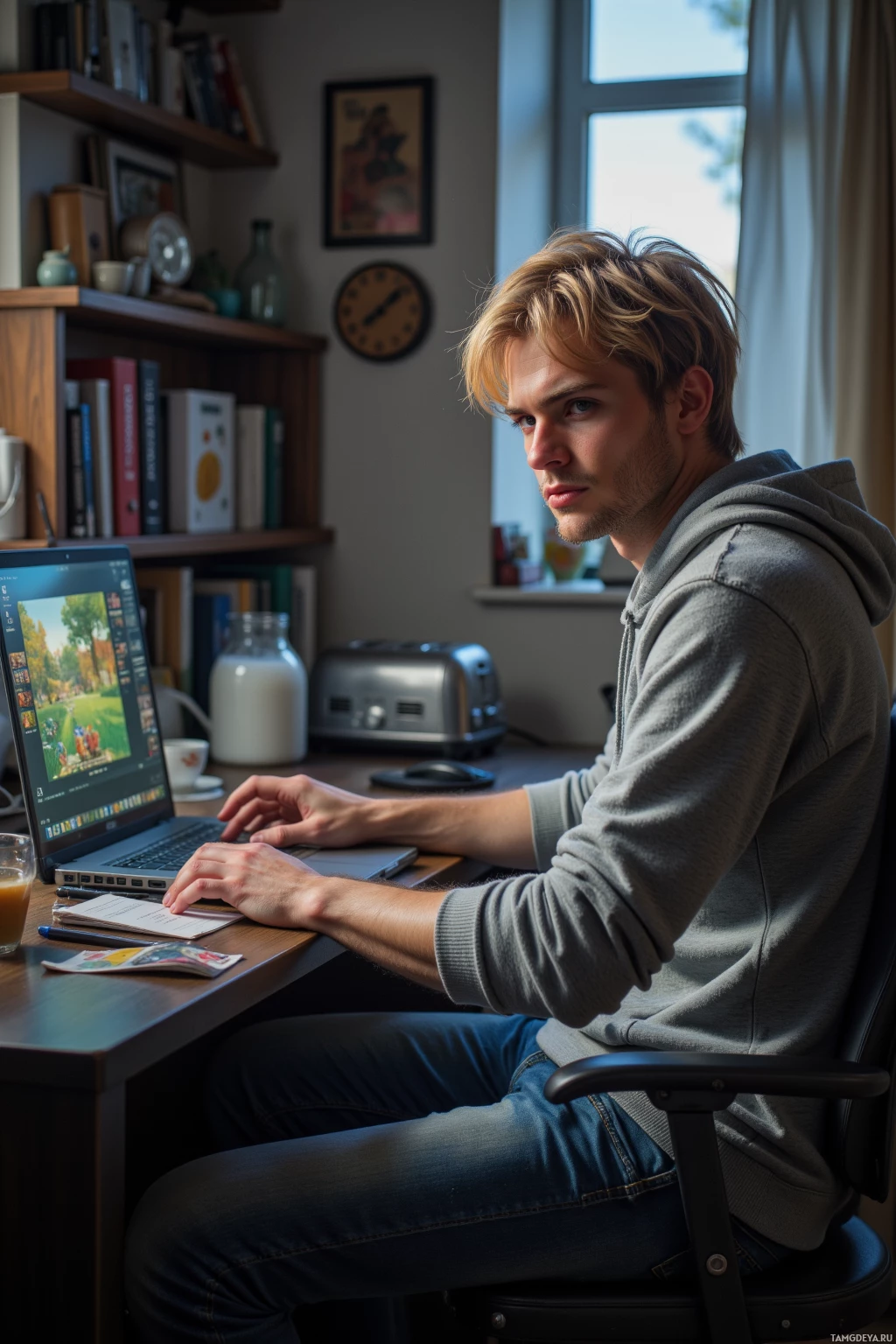 A person is sitting at a desk working on a laptop in a cozy home office setting.