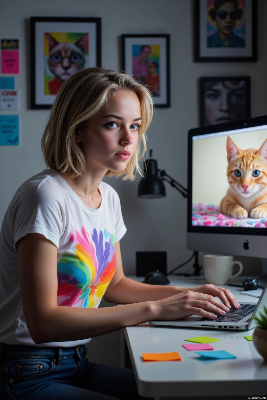 A person wearing a colorful tie-dye shirt works on a laptop at a desk with sticky notes and a monitor displaying a cat image.