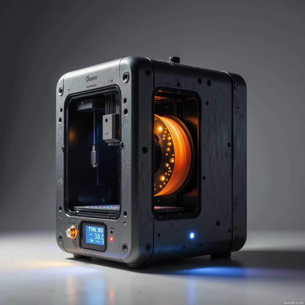 A modern 3D printer with a glowing interior and digital display.