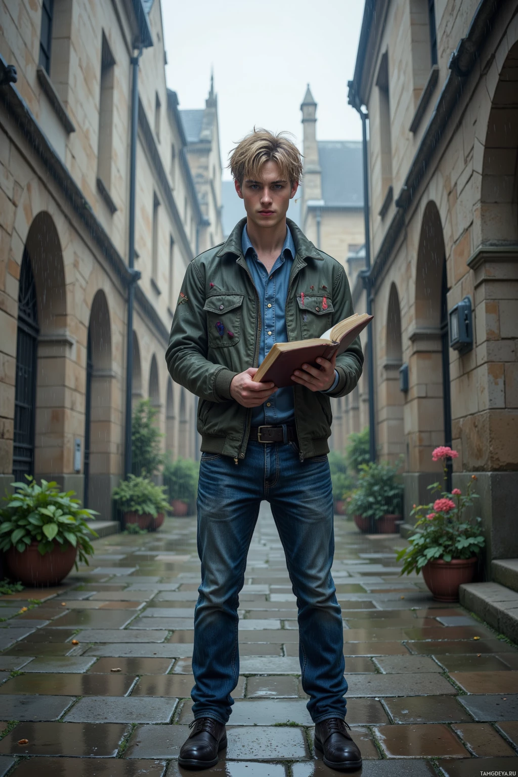 A person stands in an alleyway holding a book under rain.