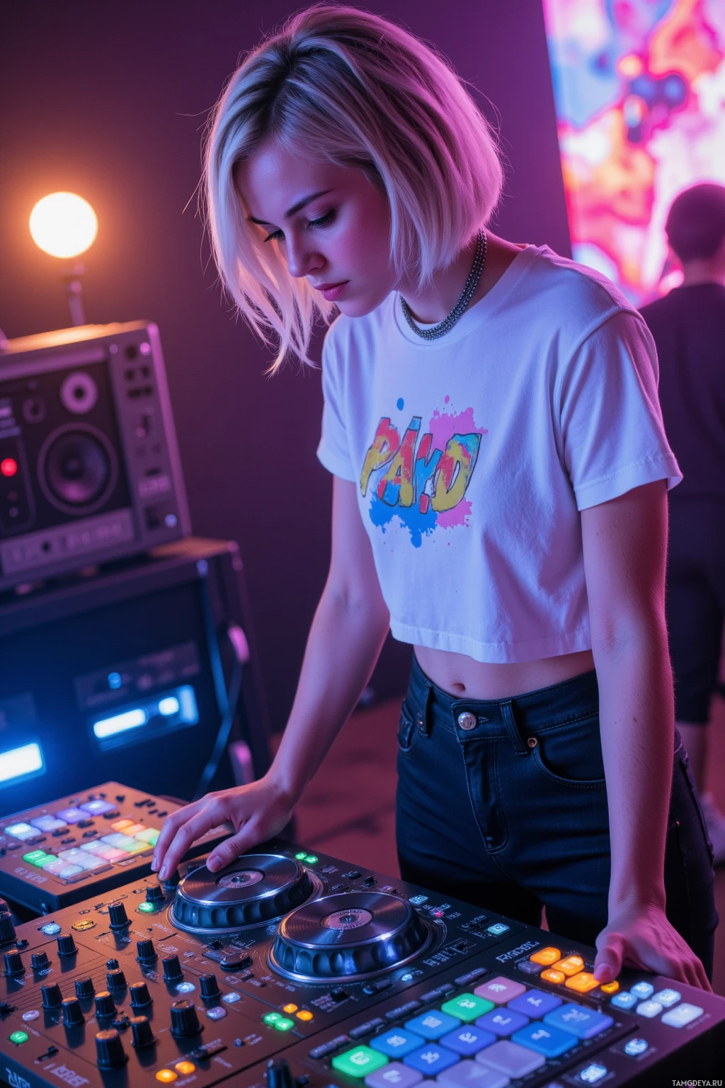 A person wearing a white crop top with colorful lettering is operating DJ equipment in a vibrant setting.