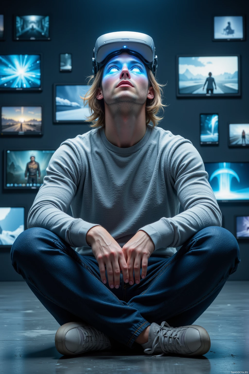 A person wearing a VR headset sits cross-legged in a dimly lit room with multiple screens displaying various images in the background.