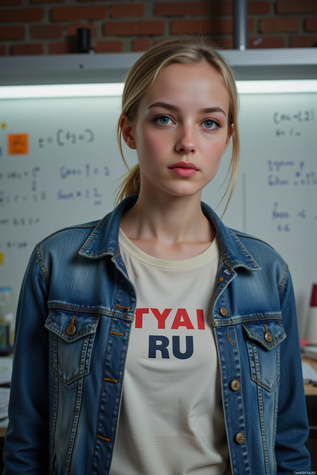A person wearing a denim jacket over a t-shirt with "ГУАИ RU" printed on it stands in front of a whiteboard filled with mathematical equations and notes.