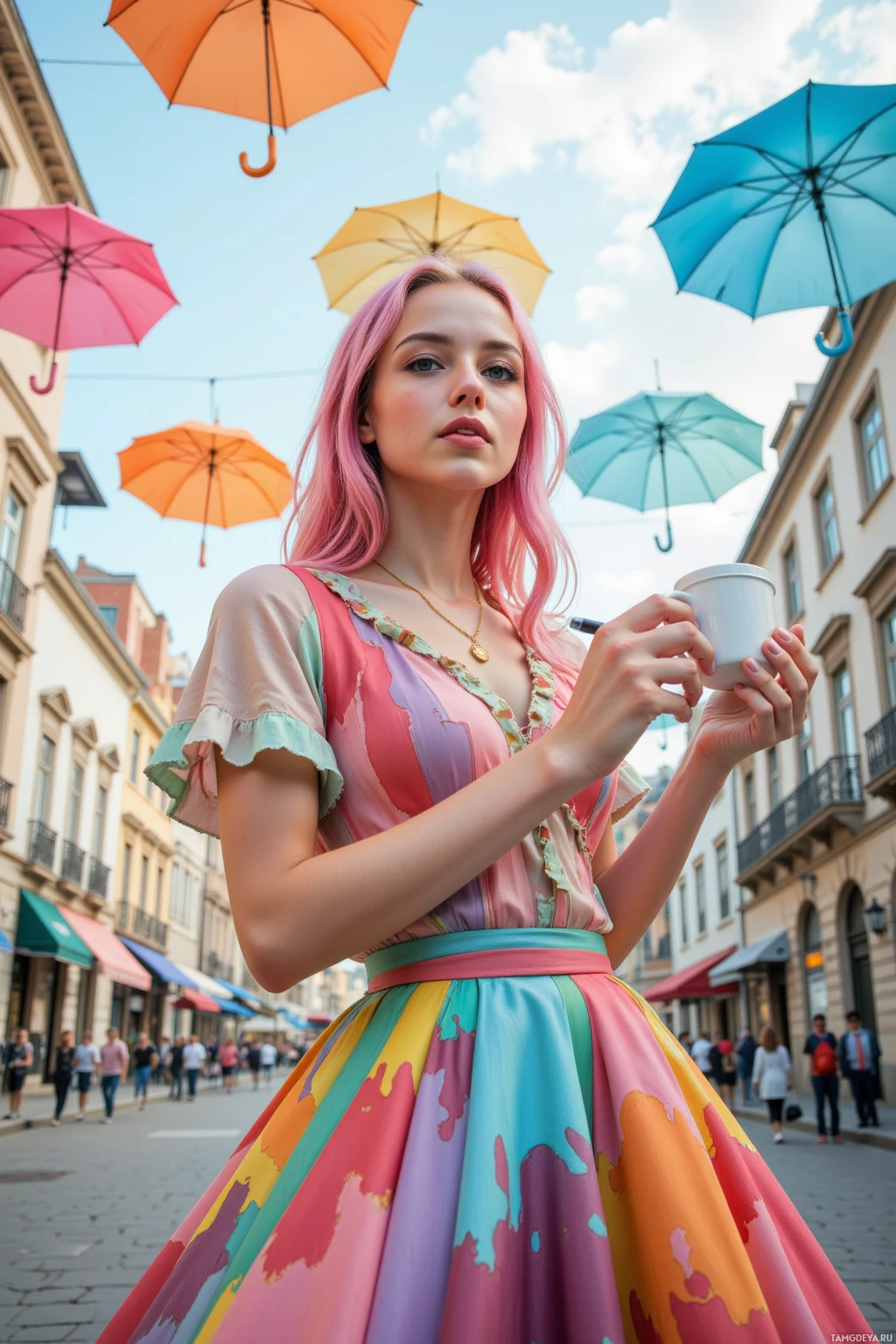 A person with pink hair and a colorful outfit stands in a street with floating umbrellas above.