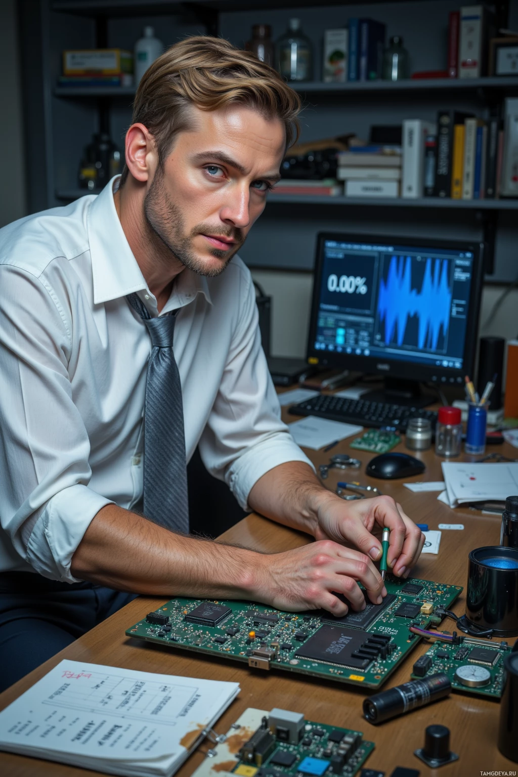 A person is working on electronic components at a desk with various tools and equipment around them.