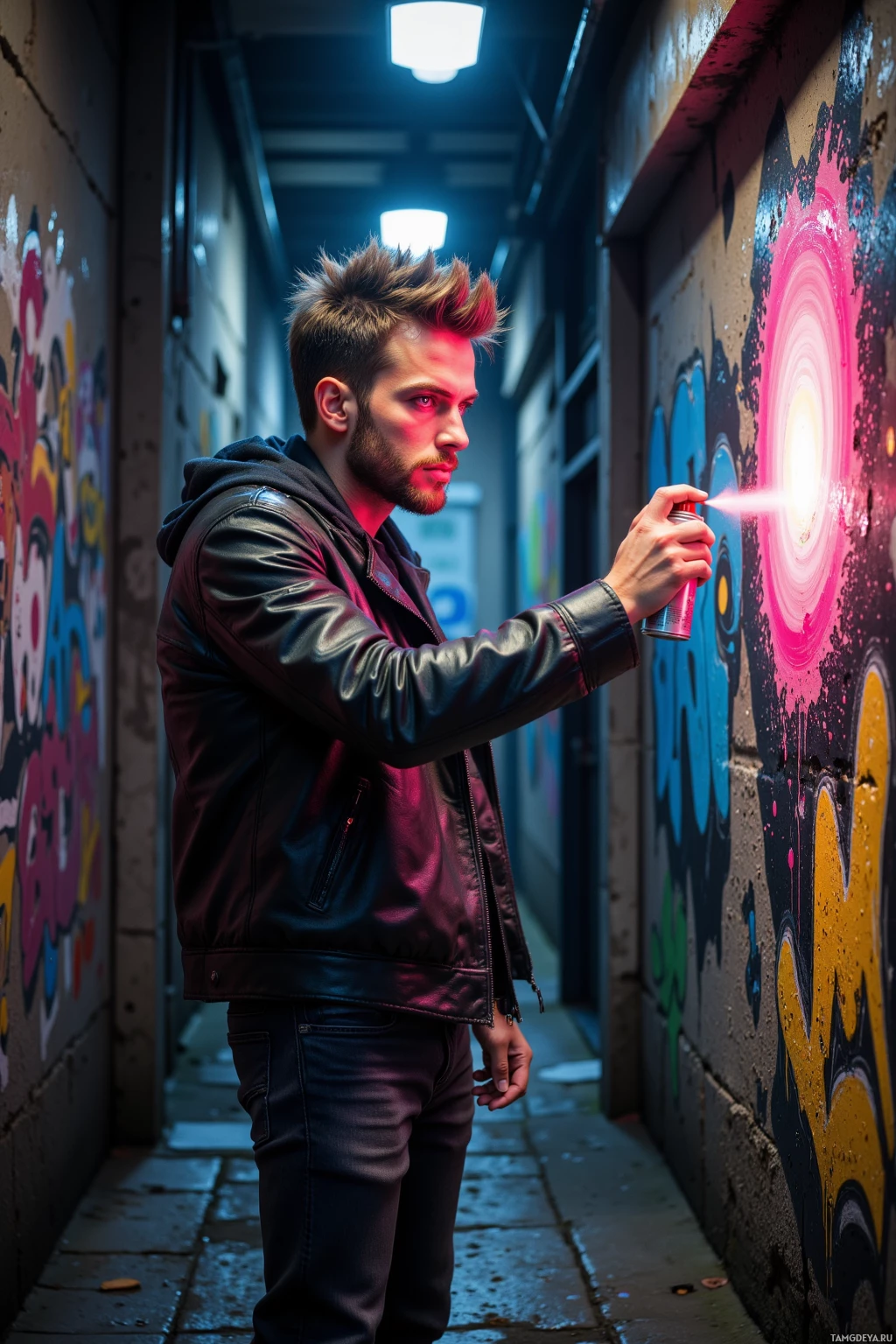 A person wearing a leather jacket spray paints graffiti on a wall in an alleyway at night.