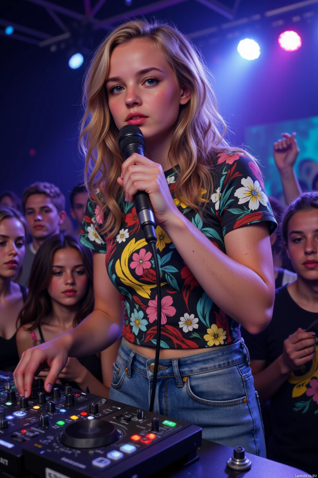 A young woman holds a microphone while standing in front of a DJ mixer at a lively event.
