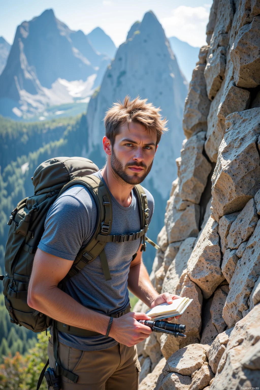 A hiker with a backpack and binoculars stands by a rocky outcrop, overlooking a mountainous landscape.