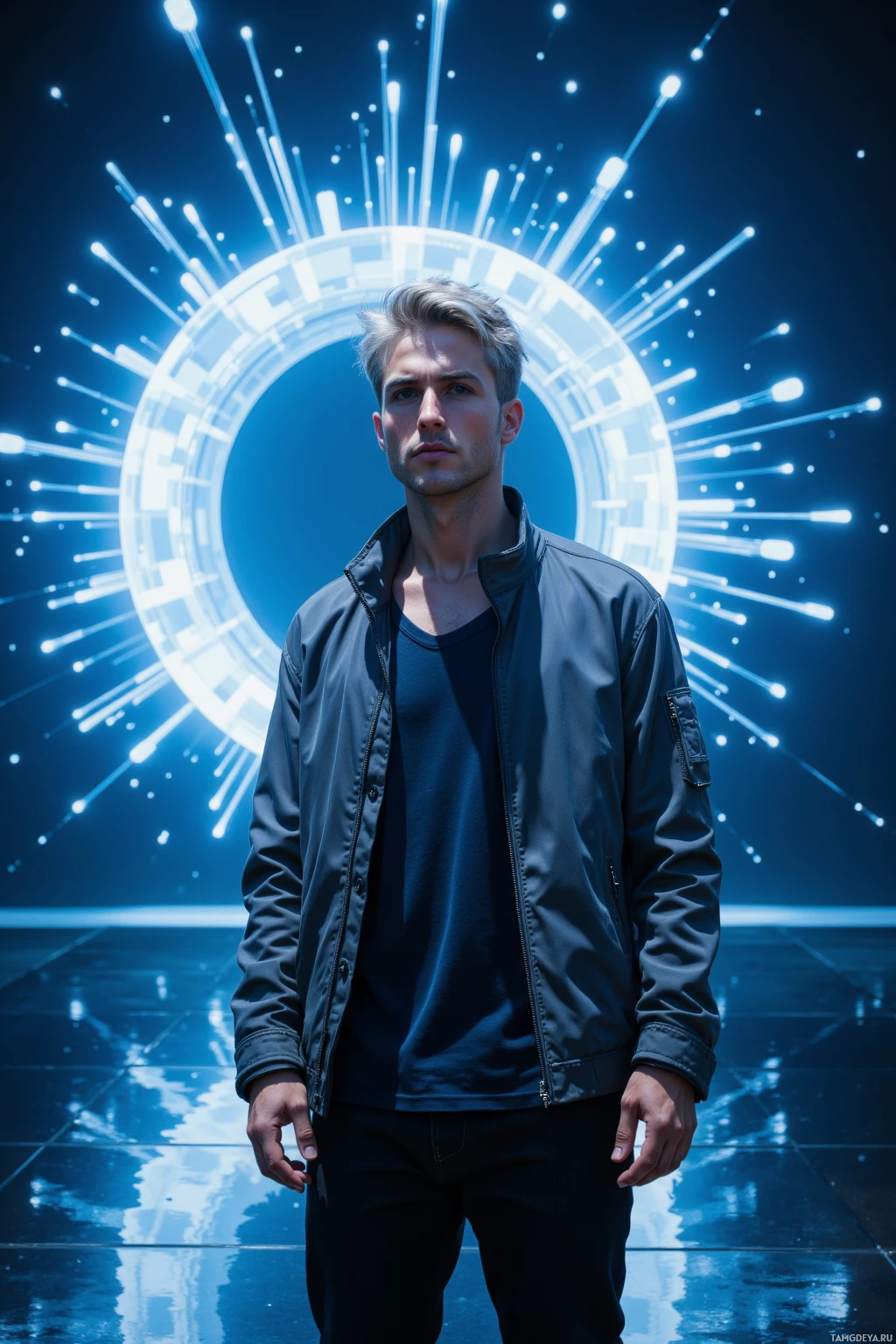 A person stands in front of a futuristic blue light display with a circular design and radiating beams.