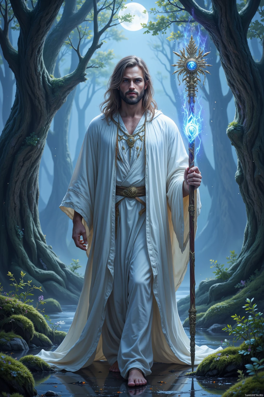 A figure in flowing white robes stands barefoot by a stream, holding a glowing staff amidst a mystical forest setting under a full moon.