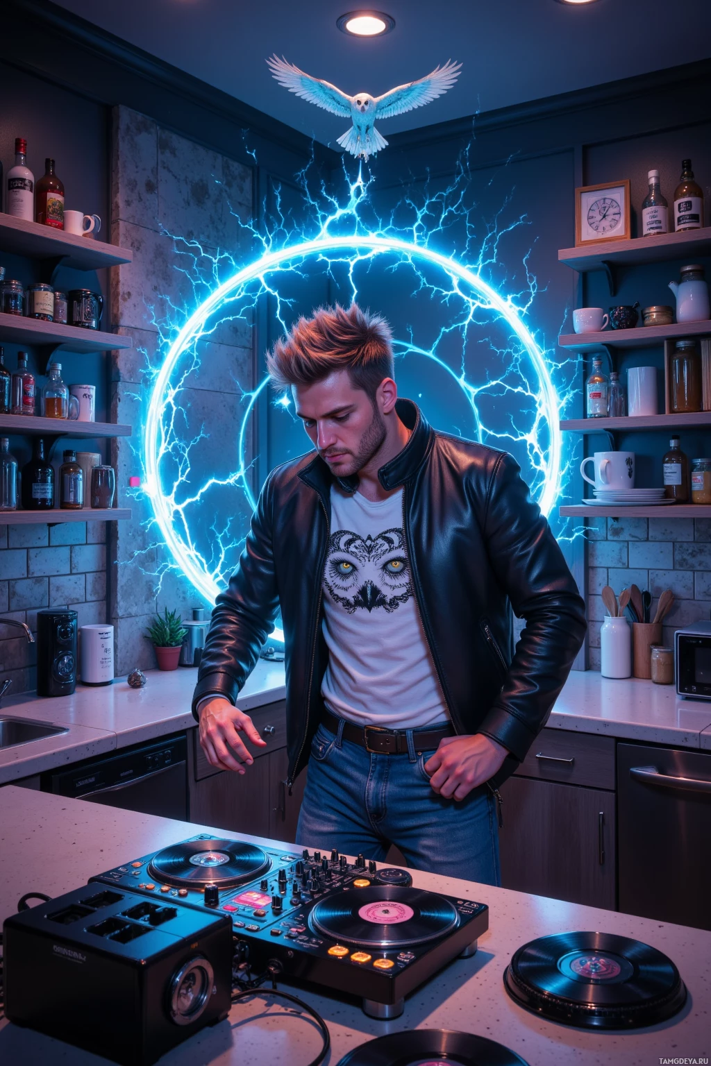 A person stands in a kitchen with DJ equipment and an owl-themed shirt, surrounded by a glowing blue circle and a flying bird.