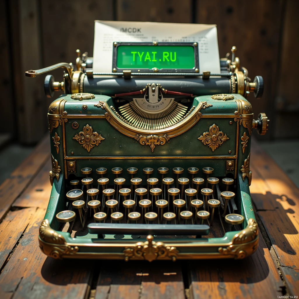 A vintage green typewriter with ornate gold detailing sits on a wooden surface.