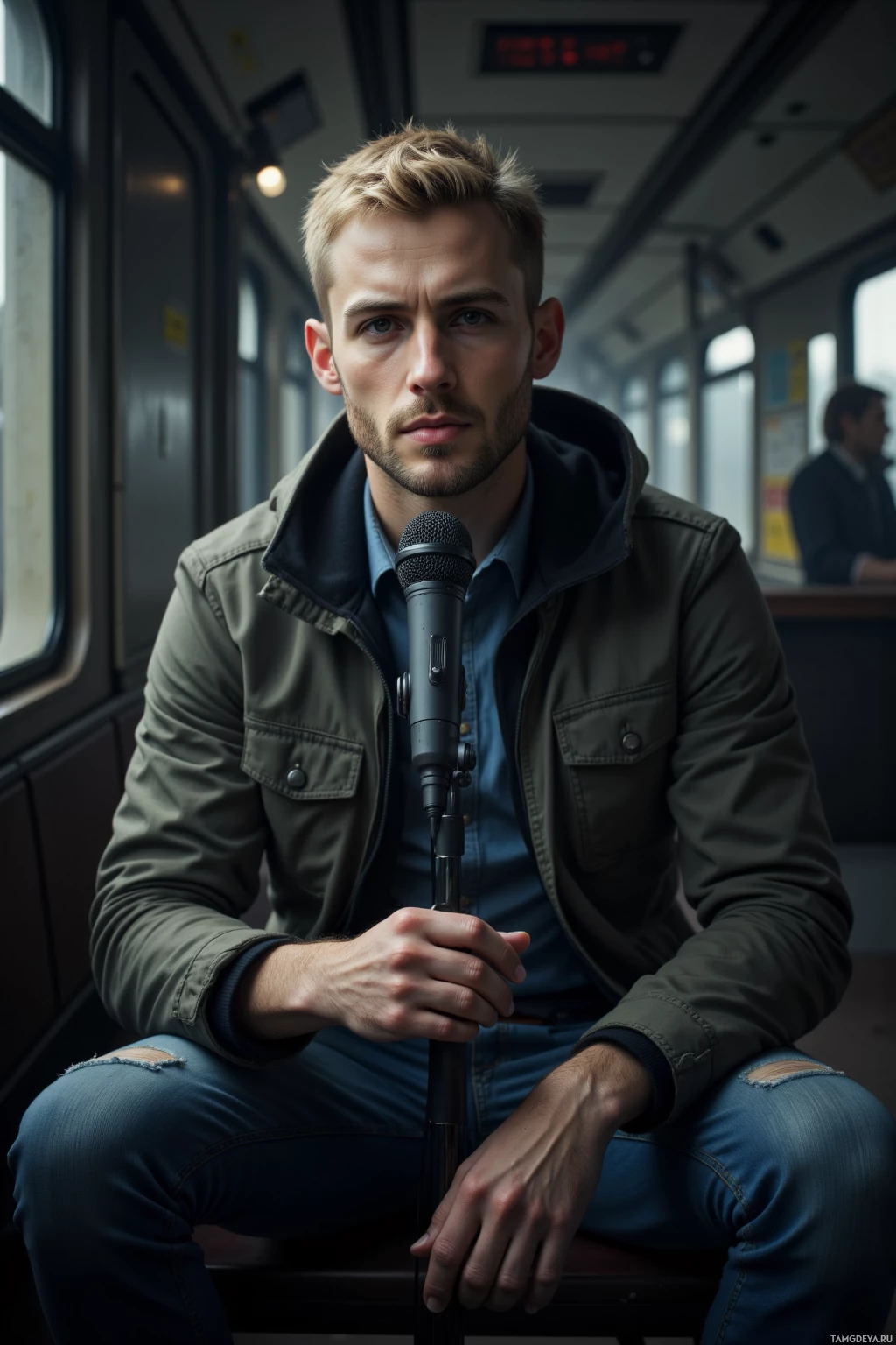 A man sits on a train, holding a microphone.