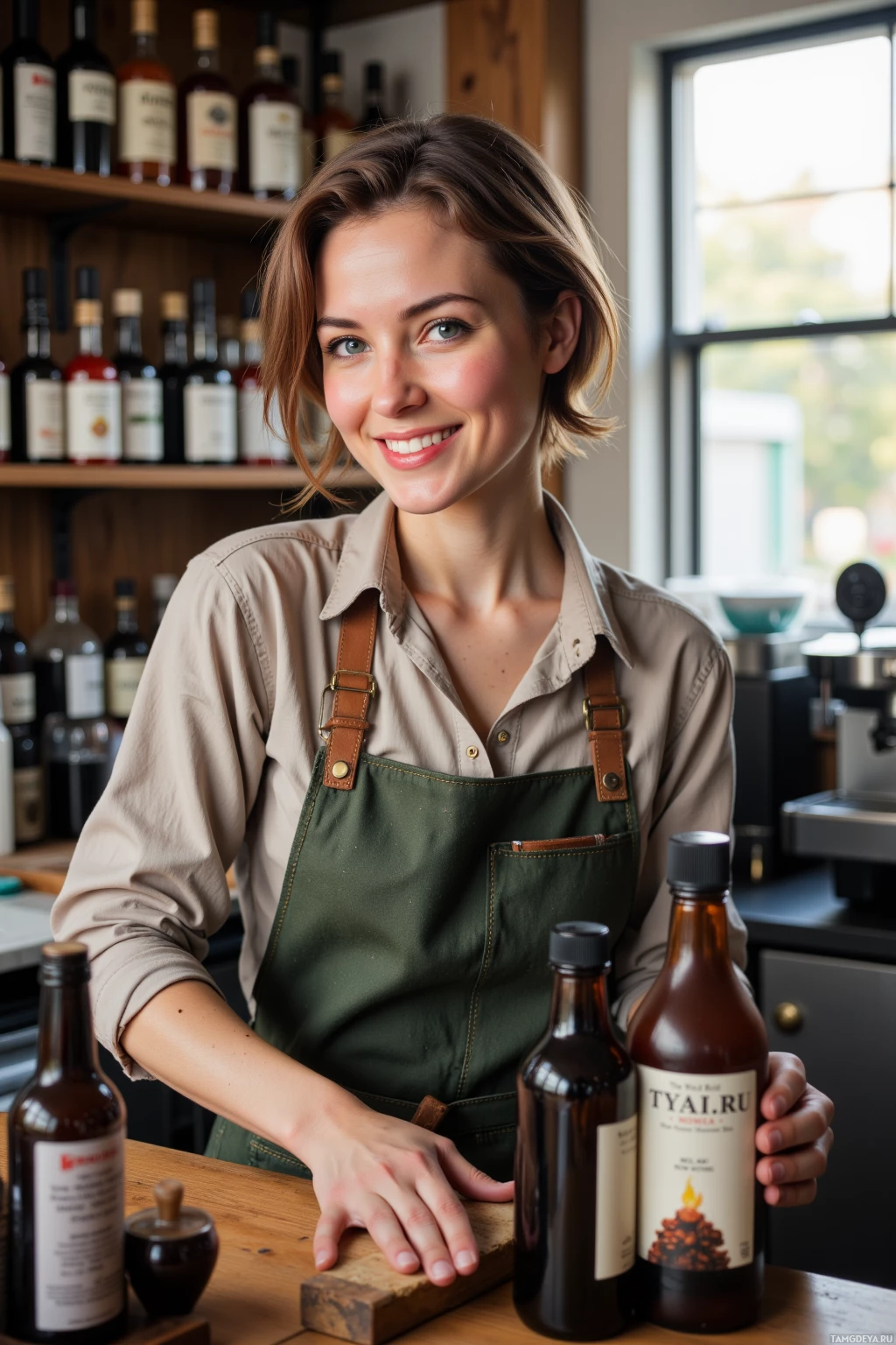 A person wearing an apron stands behind a counter with bottles in front of them.