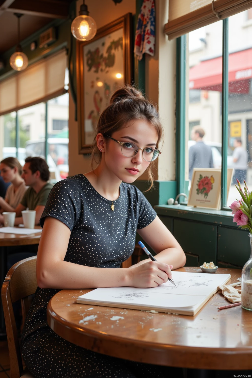 A person wearing glasses sits at a table in a café, writing in a notebook.