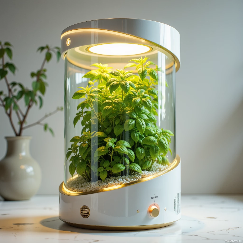 A cylindrical indoor herb garden with a glass dome and a white base, containing green basil plants.