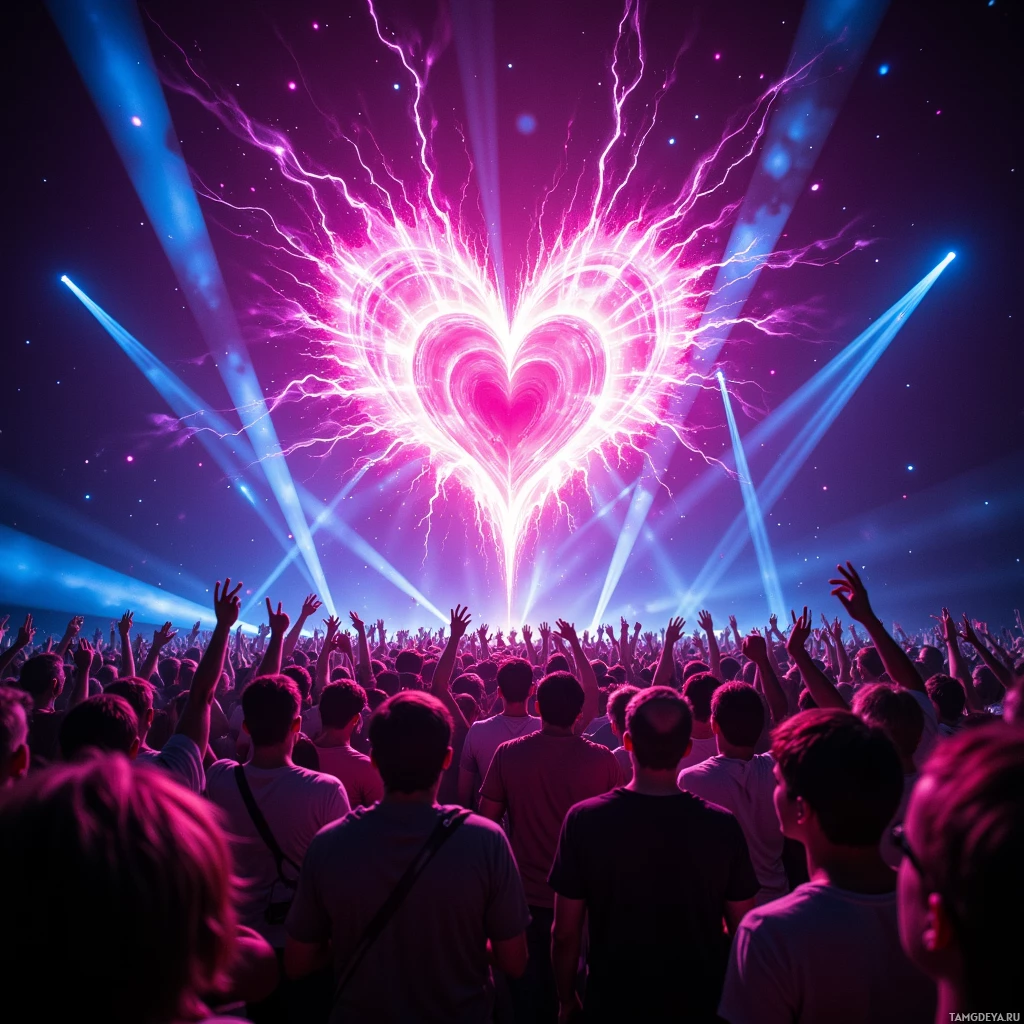 A vibrant crowd at a concert with a glowing heart-shaped light display above.