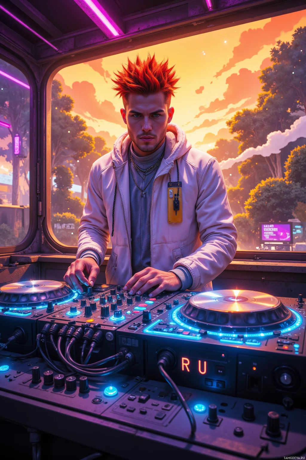 A person with spiky red hair stands behind a DJ mixing console in a futuristic setting with neon lights and a scenic background.