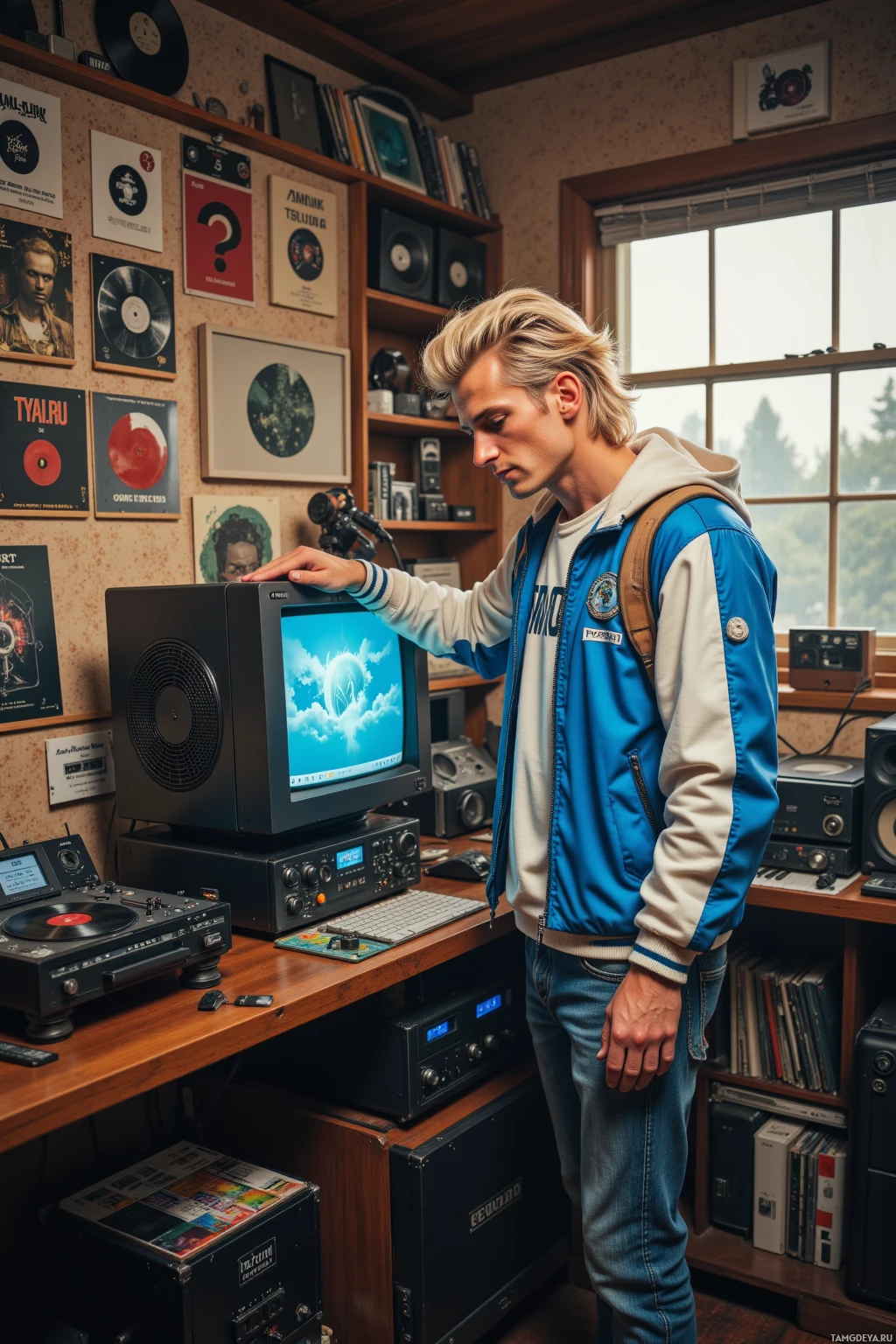 A person stands in a room filled with music equipment and vinyl records, interacting with a computer monitor.