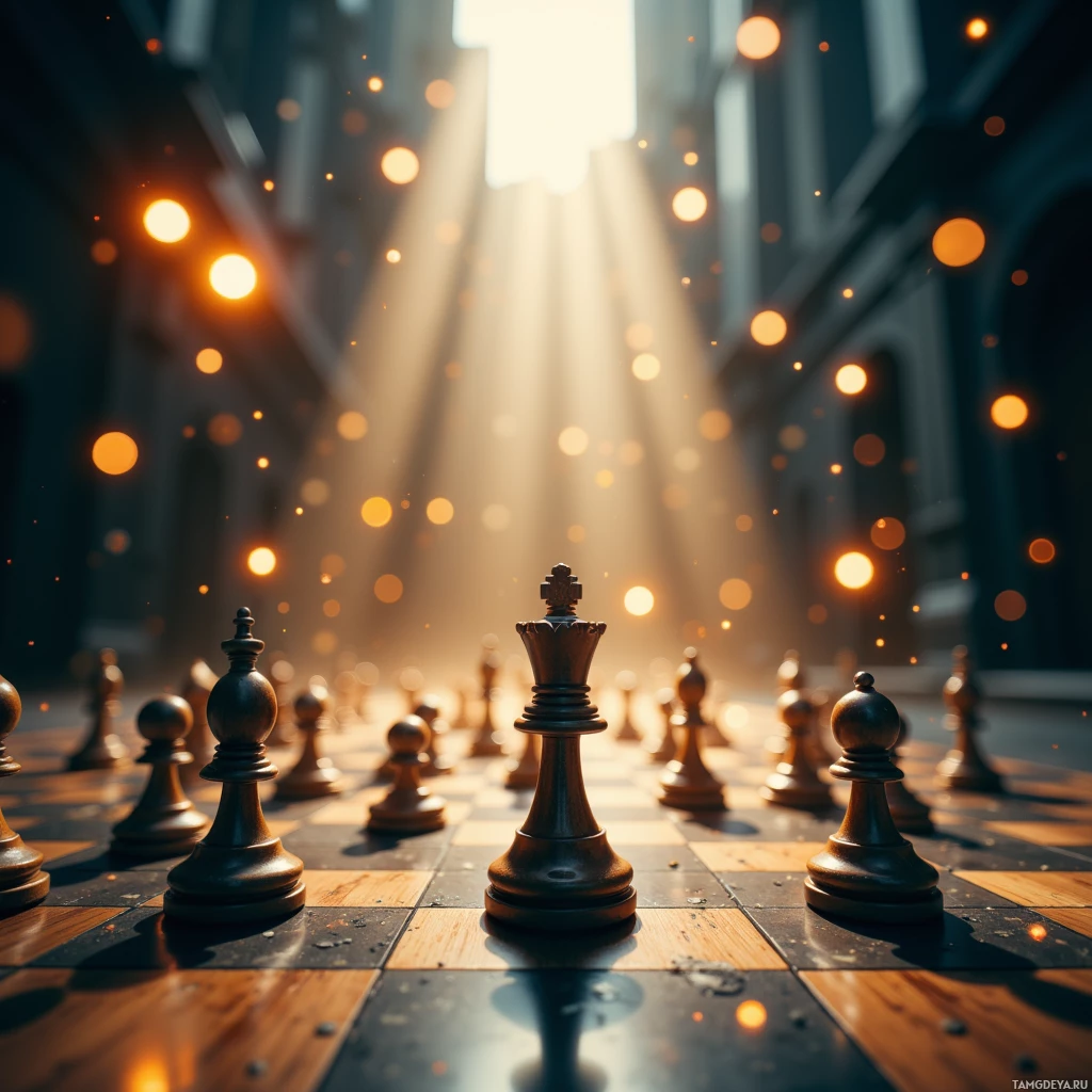 A chessboard with pieces arranged, set against a backdrop of light beams and bokeh effects.