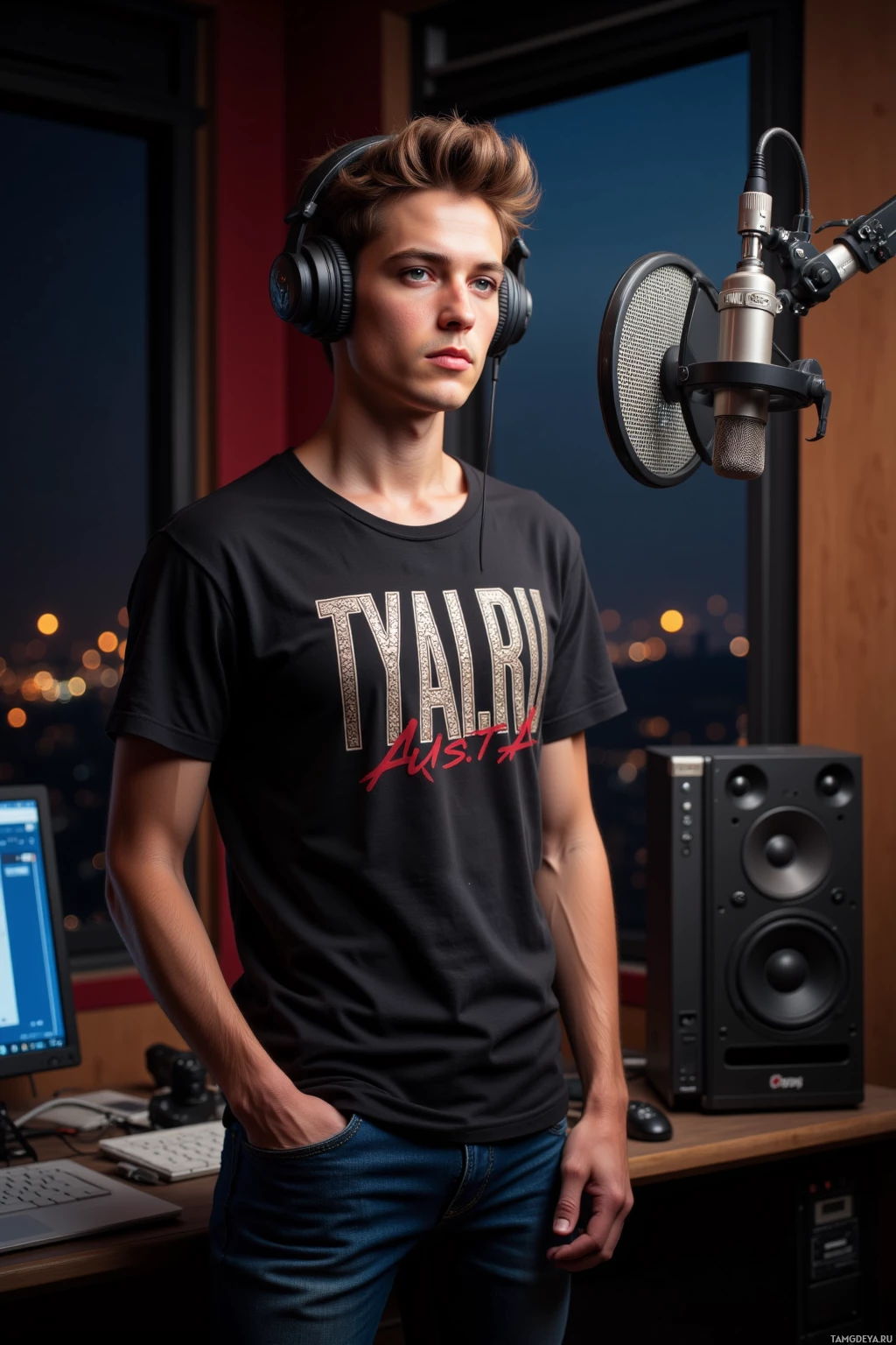 A person wearing headphones and a black t-shirt stands in a recording studio.