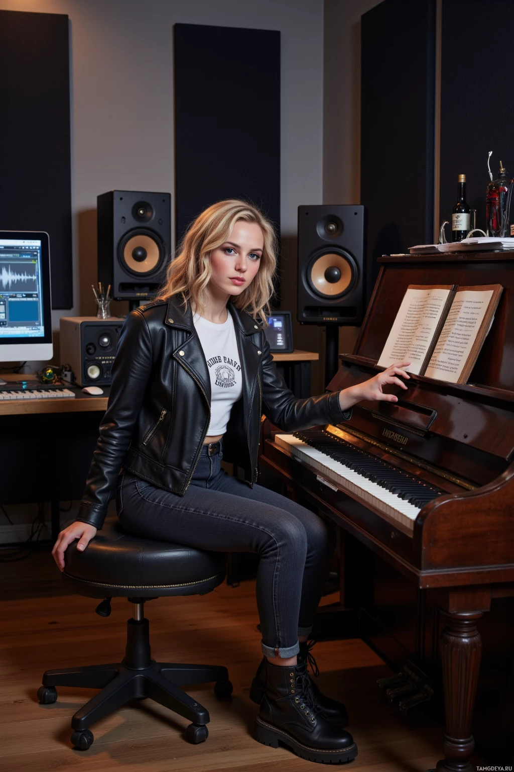 A person sits in a recording studio with a piano and audio equipment around them.