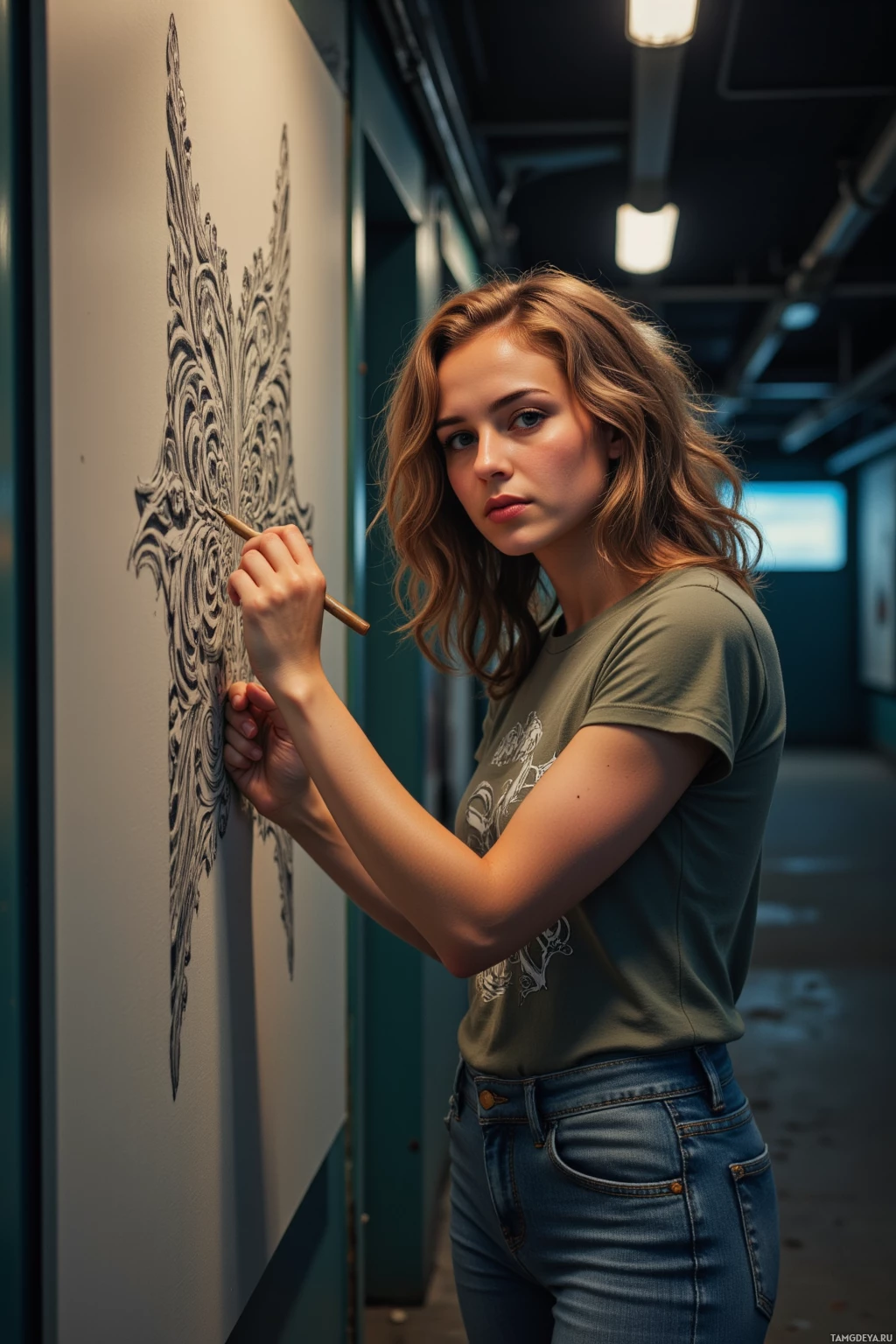 A person is drawing intricate patterns on a wall in a hallway.