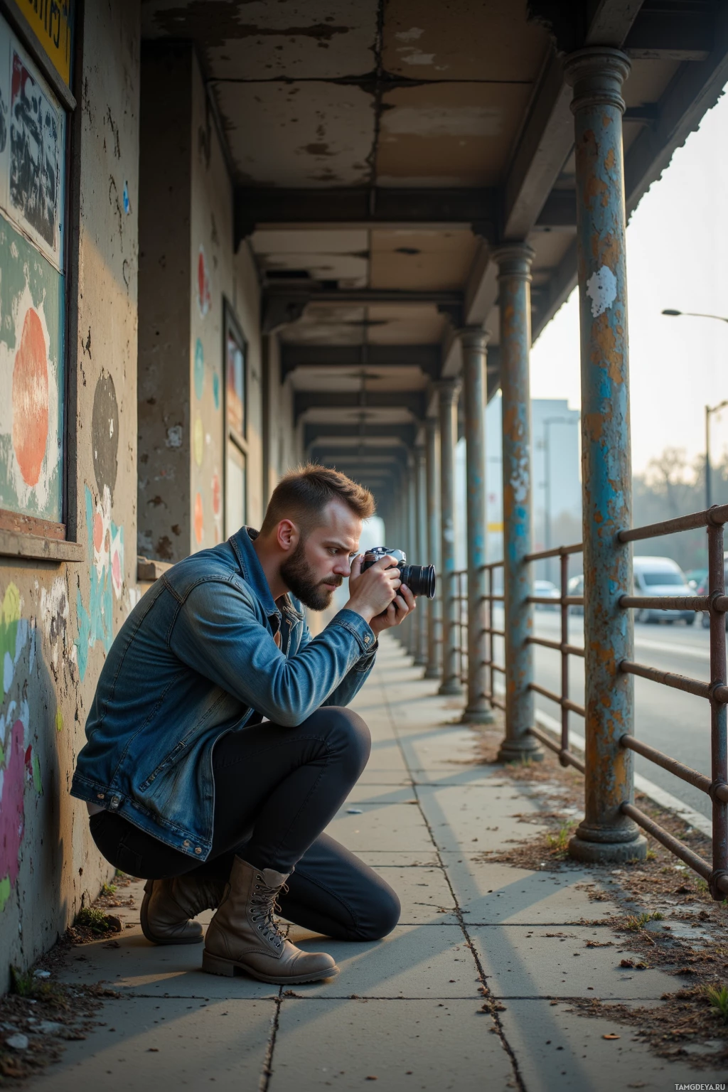A man crouches on a sidewalk, focusing a camera on a worn urban structure.