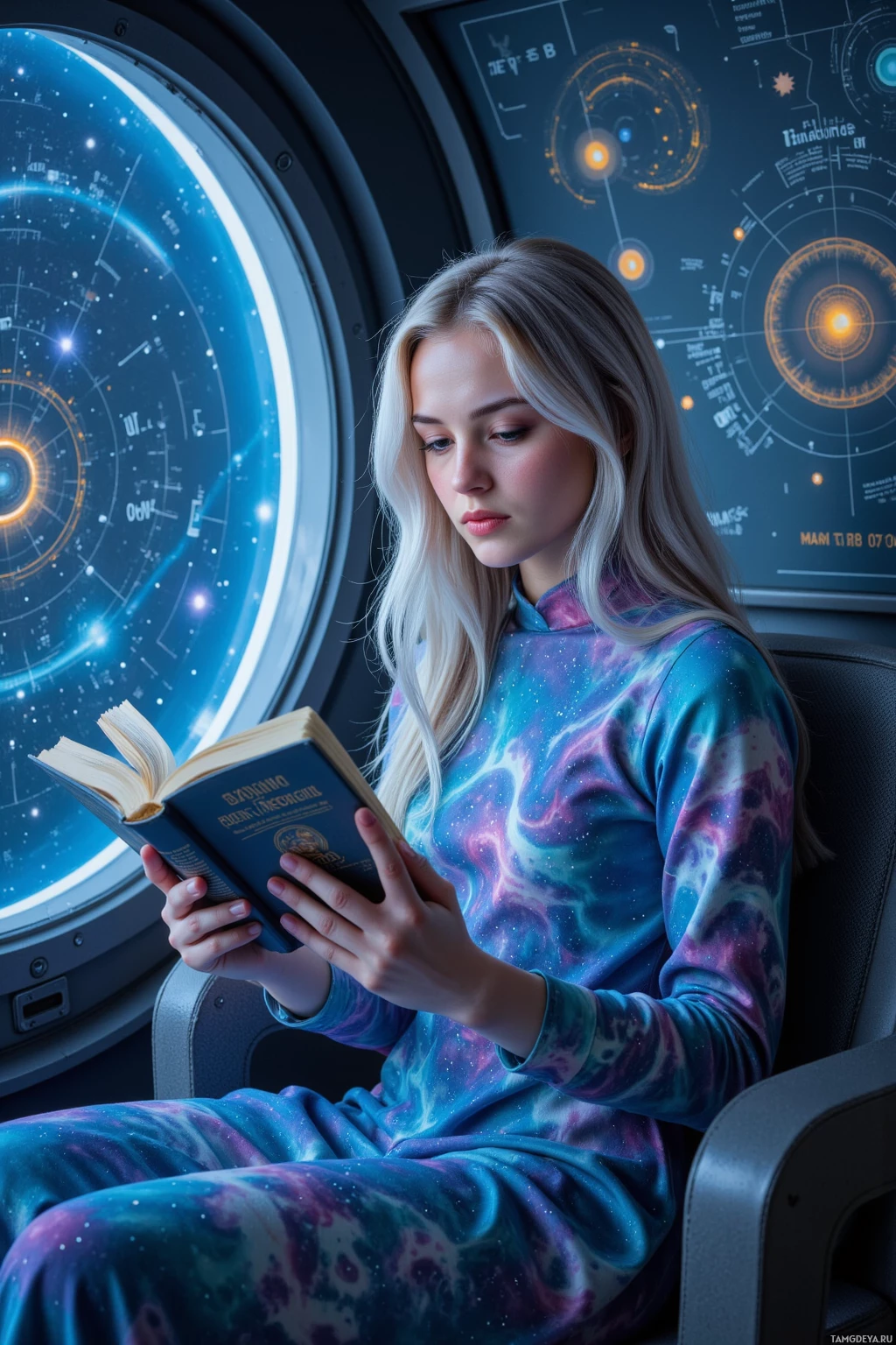 A person in a space-themed outfit reads a book in a futuristic spacecraft.
