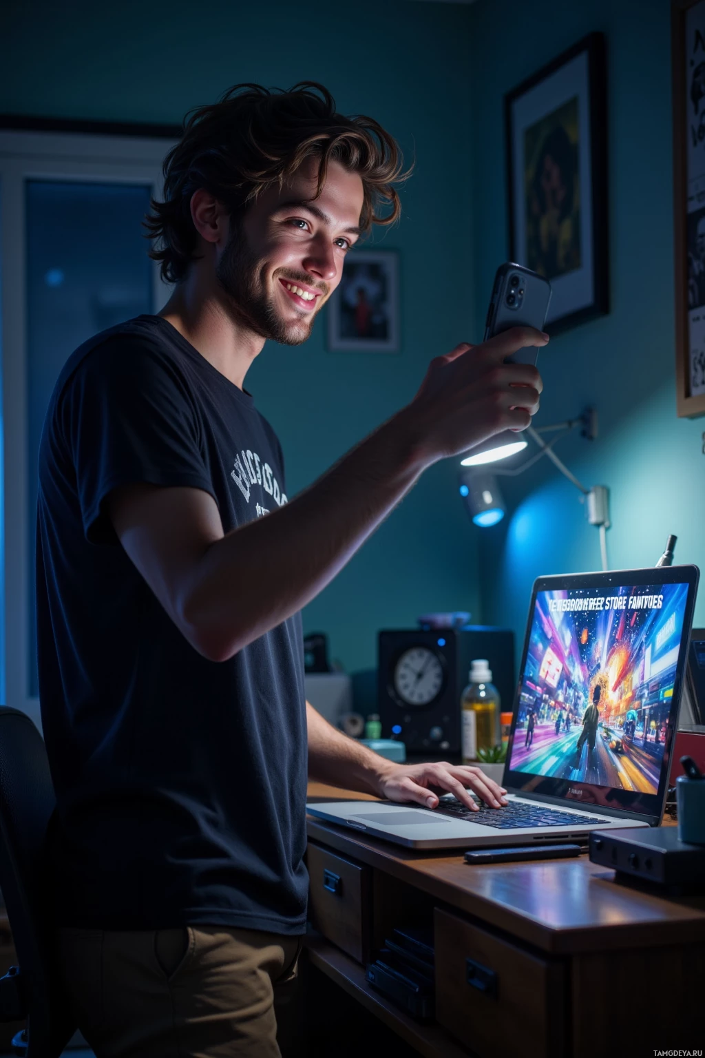 A person is smiling while using a smartphone and laptop in a dimly lit room with framed pictures on the wall.