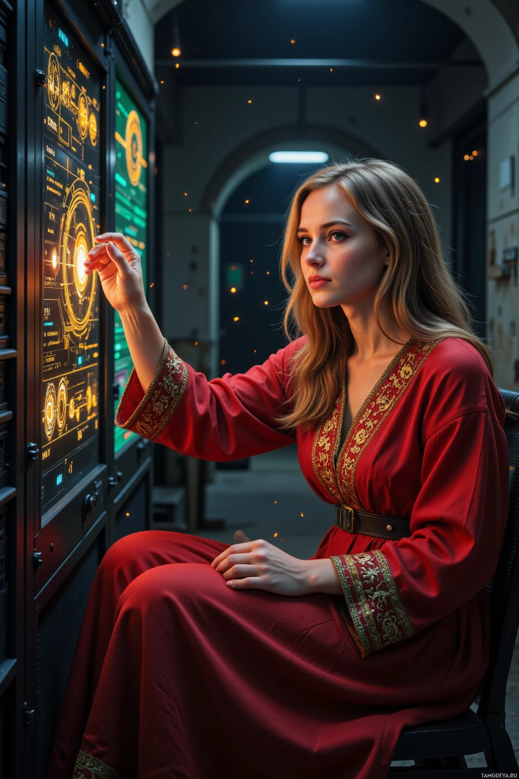 A person in a red dress interacts with a futuristic control panel.